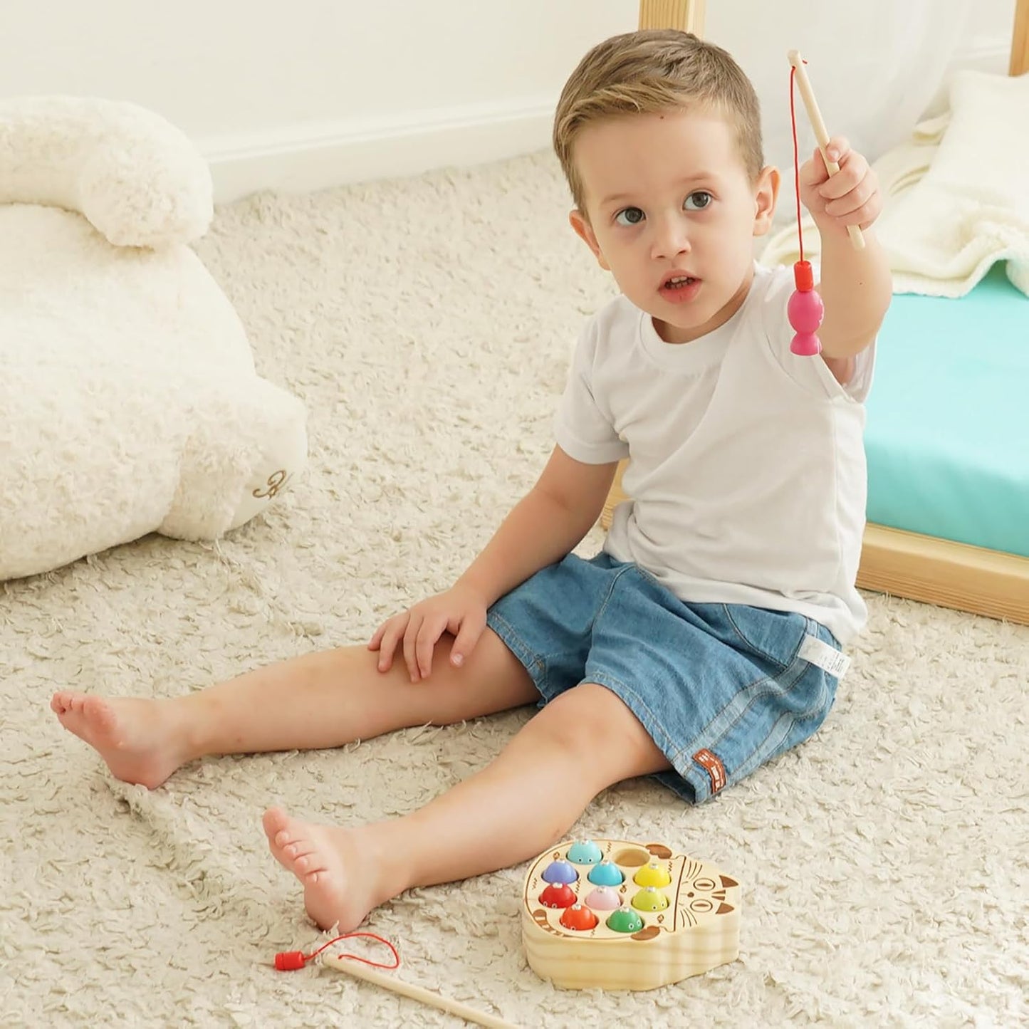 Montessori Magnetic Wooden Fishing Game for Toddlers 1-3 Years Old,Fine Motor Skills Early Learning Eyes Hands Cooperation Toy for Boys & Girls Great Birthday Gift