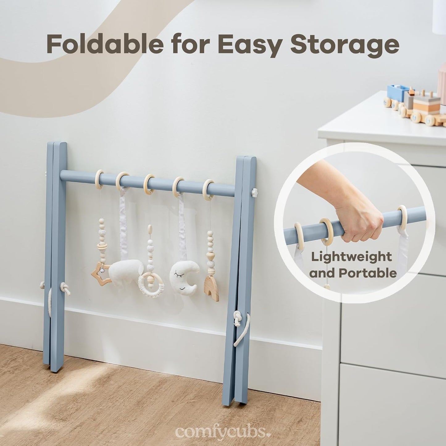 Comfy Cubs Wooden Baby Play Gym - Natural Finish Pinewood Baby Activity Gym with 5 Sensory Hanging Toys - Easy No-Tool Assembly, Safe and Durable for Infant Motor and Visual Development - Pacific Blue