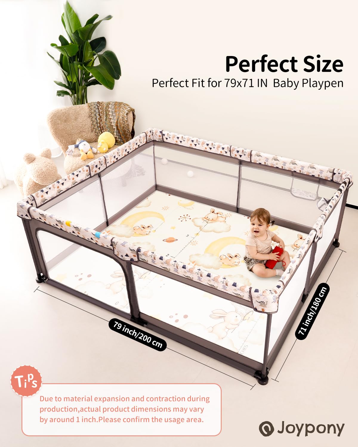 Baby Play Mat, 79 x 71 Inches Extra Large Foldable Play Mats for Babies and Toddlers, Waterproof & Anti-Slip Portable Baby Floor Mat for Tummy Time, Foam Baby Mat for Floor with Travel Bag