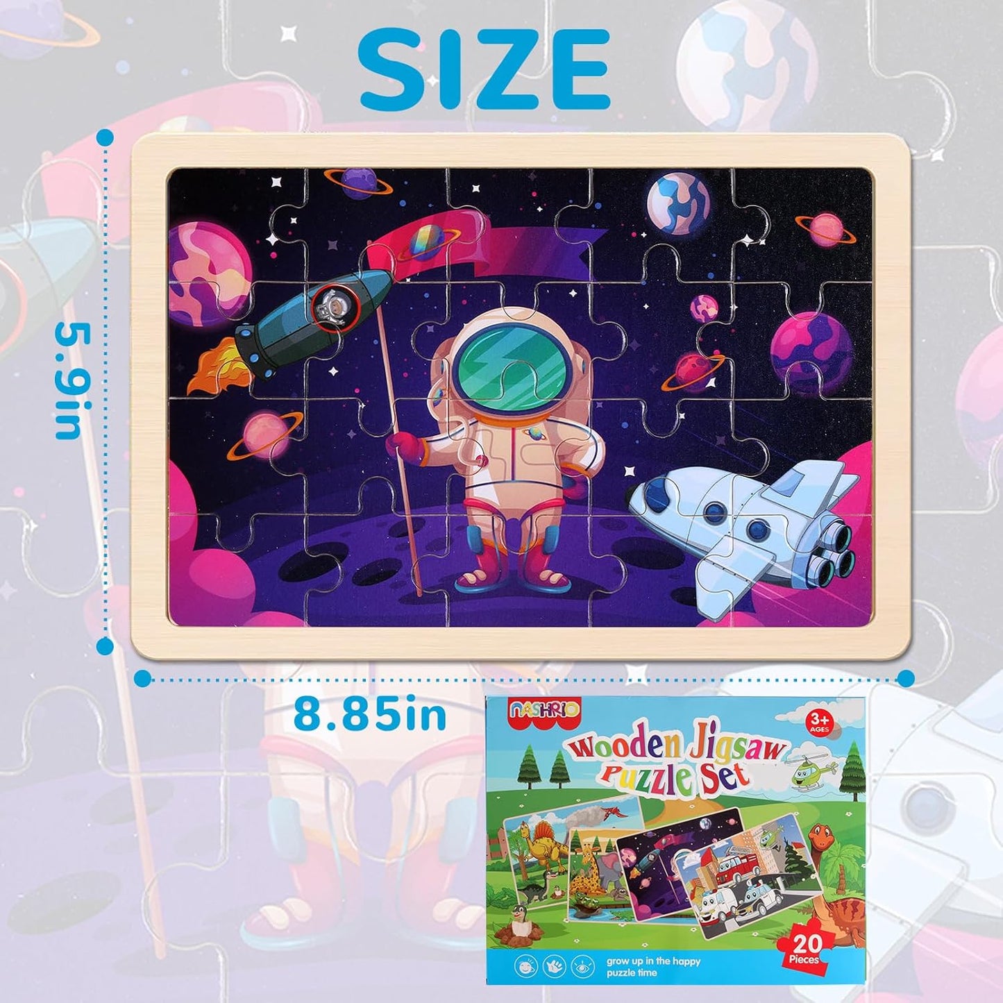 Wooden Puzzles Toys for Kids Ages 3-5, Set of 4 Packs Dinosaur, Space, Transportation Wood Toddler Puzzles, Preschool Brain Teaser Toys for Boys and Girls 2 3 4 5 6 Years Old