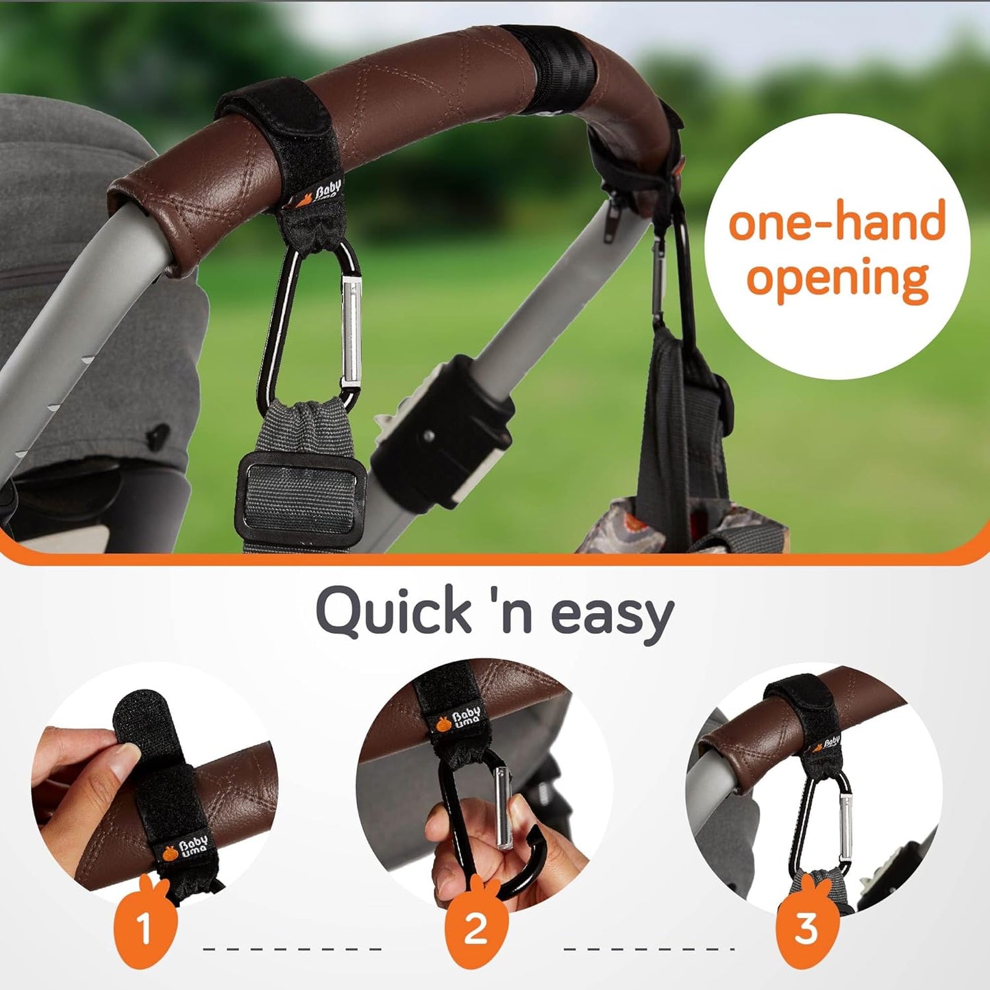 Baby Uma Stroller Hooks for Bags (2 Pack) - Universal Stroller Clips and Hooks, Non-Slip with One-Hand Opening, 11 lb Weight Capacity, Baby Travel Essential