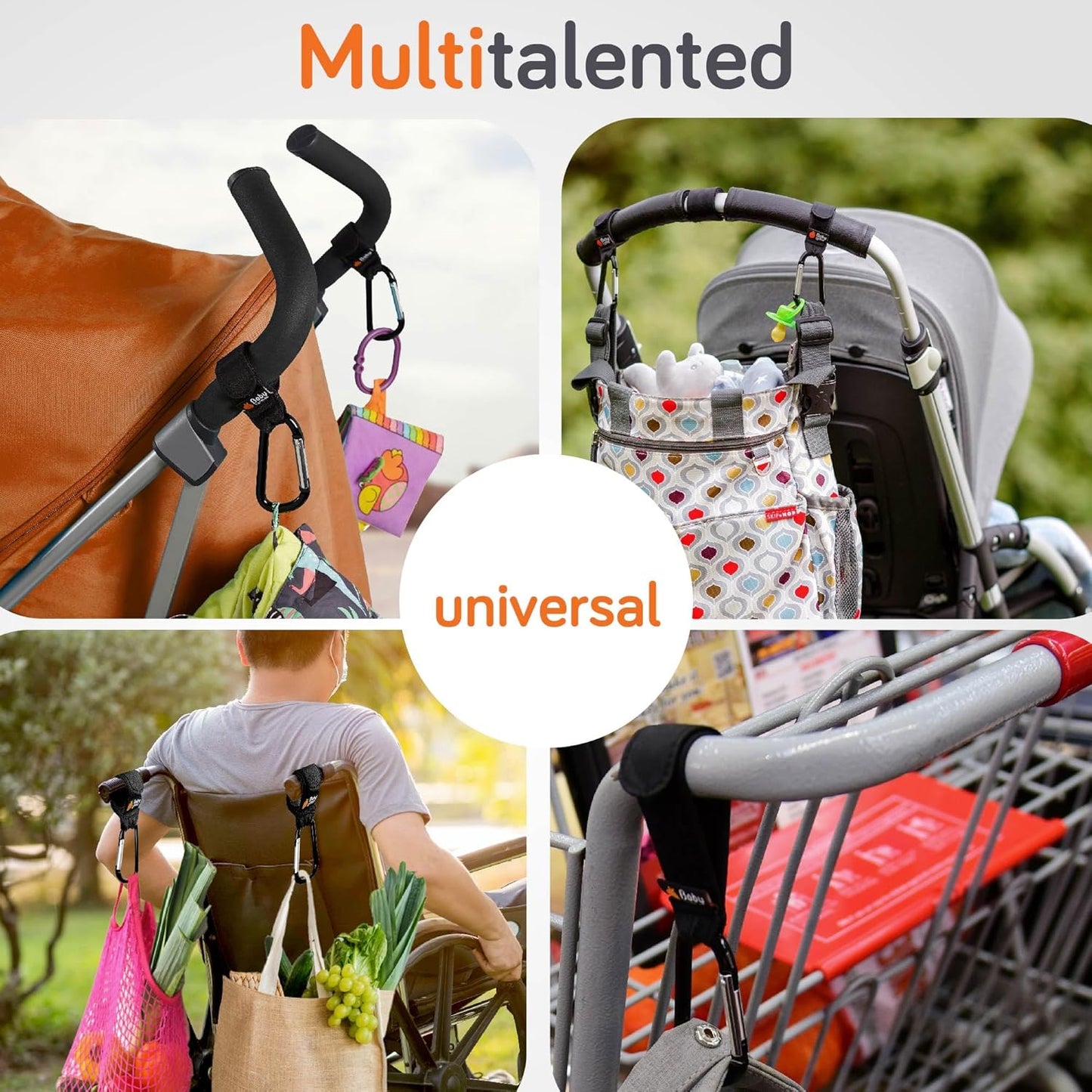Baby Uma 4-Pack Stroller Hooks - Universal Bag Clips for Diaper Bags, Carry 11 lbs Each, Adjustable Straps