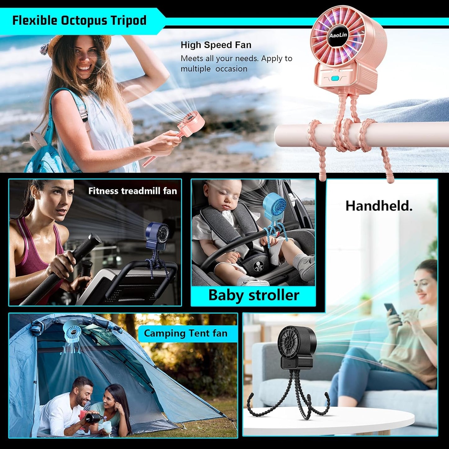 2 Pack Multifunctional Portable Stroller Fan 4 Speed 6600rpm High Speed Usb Rechargeable Personal Mini Handheld Fan Extended Tripod For Desktop Winding Kids Bed Treadmill Bike Golf Cart Outdoor Travel