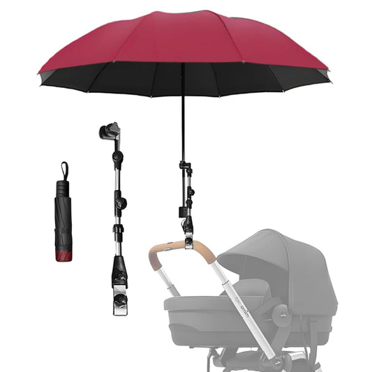 Universal Stroller Umbrella Attachment, 360° Adjustable Clamp, Sun and Rain Protection, for All Kinds of Strollers（Red）