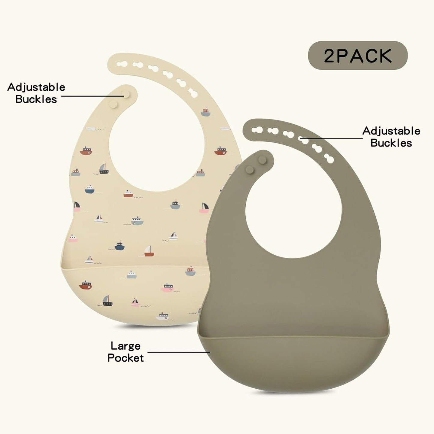 Silicone Baby Feeding Set, Baby Led Weaning Supplies, Baby Spoons Suction Divided Plate Bib Cup, First Stage Solid Food Eating Utensils - 6+ Months(Green-Beige)