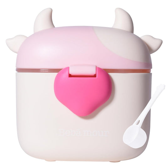 Bebamour Baby Formula Dispenser On The Go, Formula Container to Go, Formula Holder for Travel, Candy Fruit Snack Storage Container with Scoop and Leveller (Light Pink Cow)