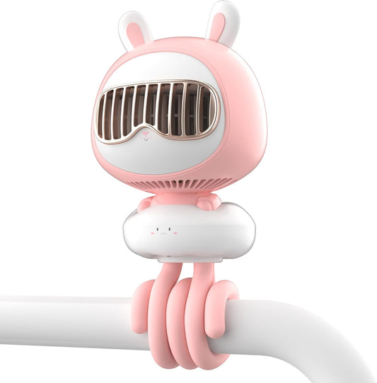 Cute Bunny Stroller Fan Clip On for Baby, Bladeless Fan 4000mAh Rechargeable Battery Operated, Flexible Tripod, 4 Speeds, Auto Oscillating, Small Cooling Fan for Kids