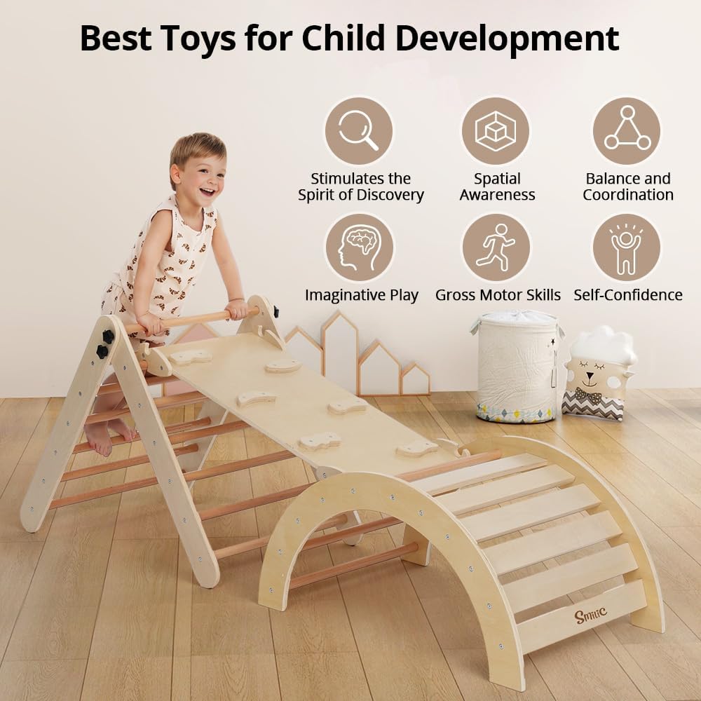 Pikler Triangle Set with Cushion, 8-in-1 Toddler Climbing Toys Indoor, Wooden Montessori Climbing Set with Arch Ramp,Ladder&Tent Cloth, Baby Indoor Climber Jungle Gyms for Toddlers Toy, Natural