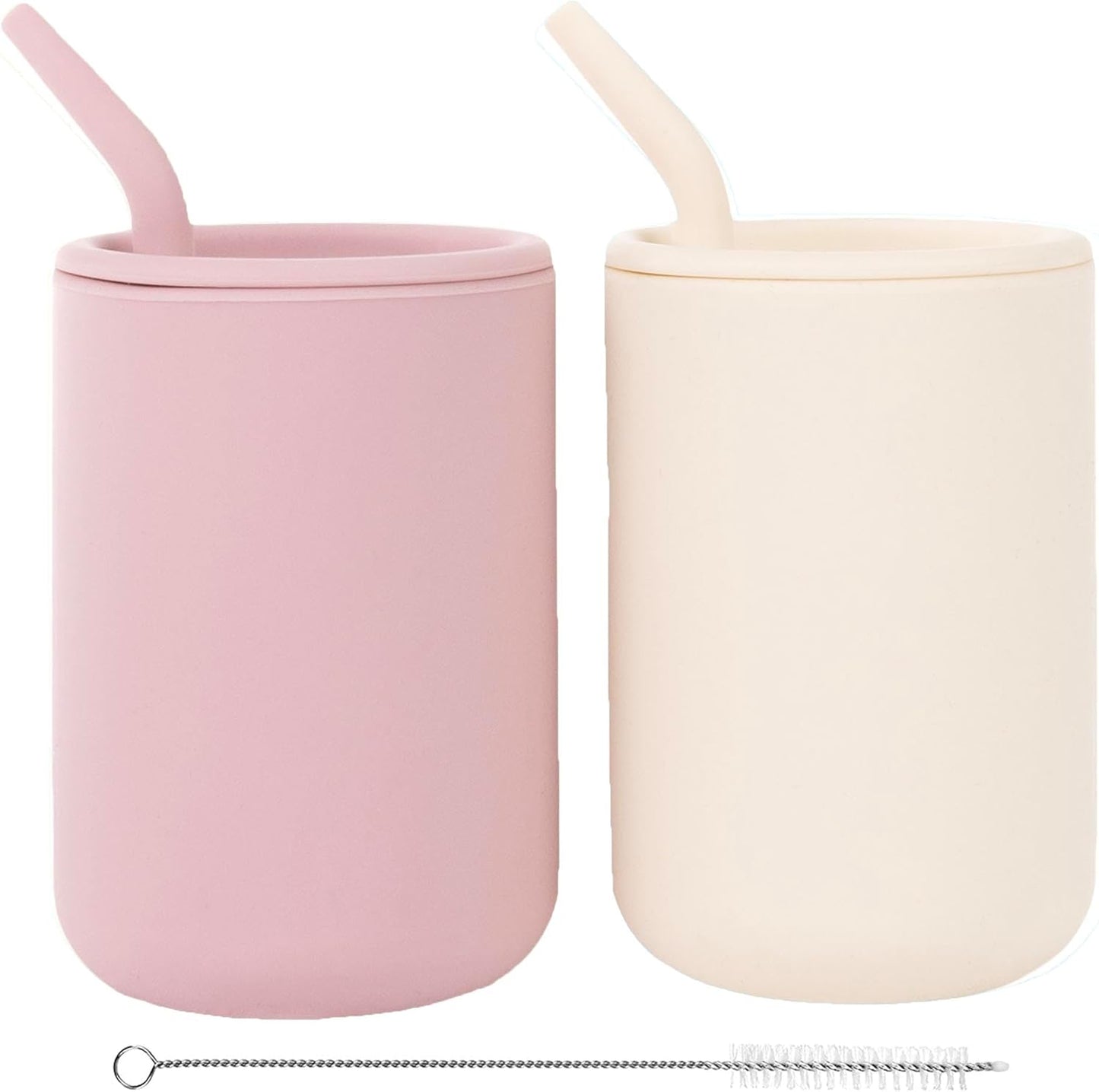 WeeSprout Silicone Baby Cups With Straws and Lids, 4 & 8 oz Options, Set of 2, Food Grade Toddler Training Container, Built In Straw Stoppers, Measurement Markings, Dishwasher Safe + Straw Cleaner