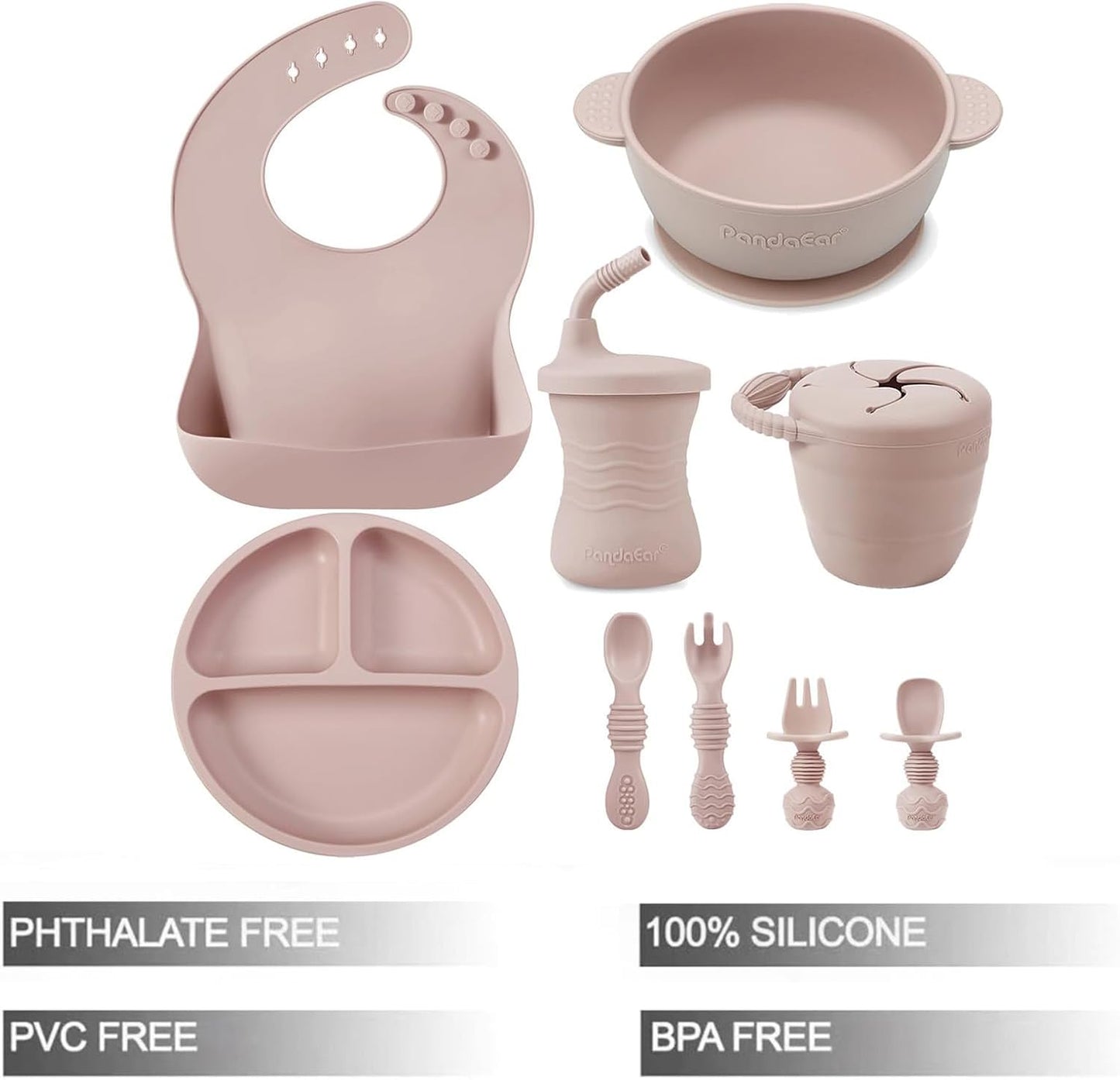 PandaEar Silicone Baby Feeding Set | 9PCS Baby Led Weaning Supplies Self Feeding Utensils | Divided Suction Plate Bowl Bibs Sippy Cup with Baby Snack Container Spoons Forks (Pink)