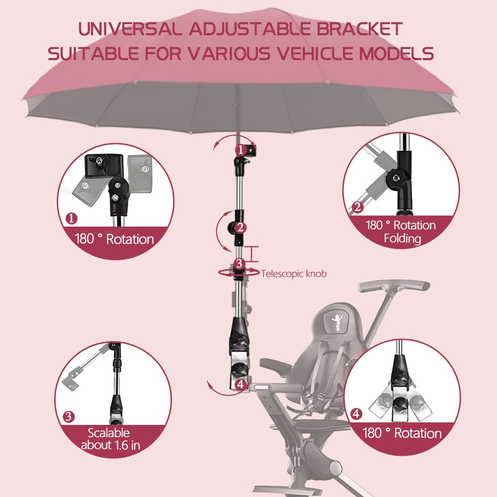 Universal Stroller Umbrella Attachment, 360° Adjustable Clamp, Sun and Rain Protection, for All Kinds of Strollers（Red）