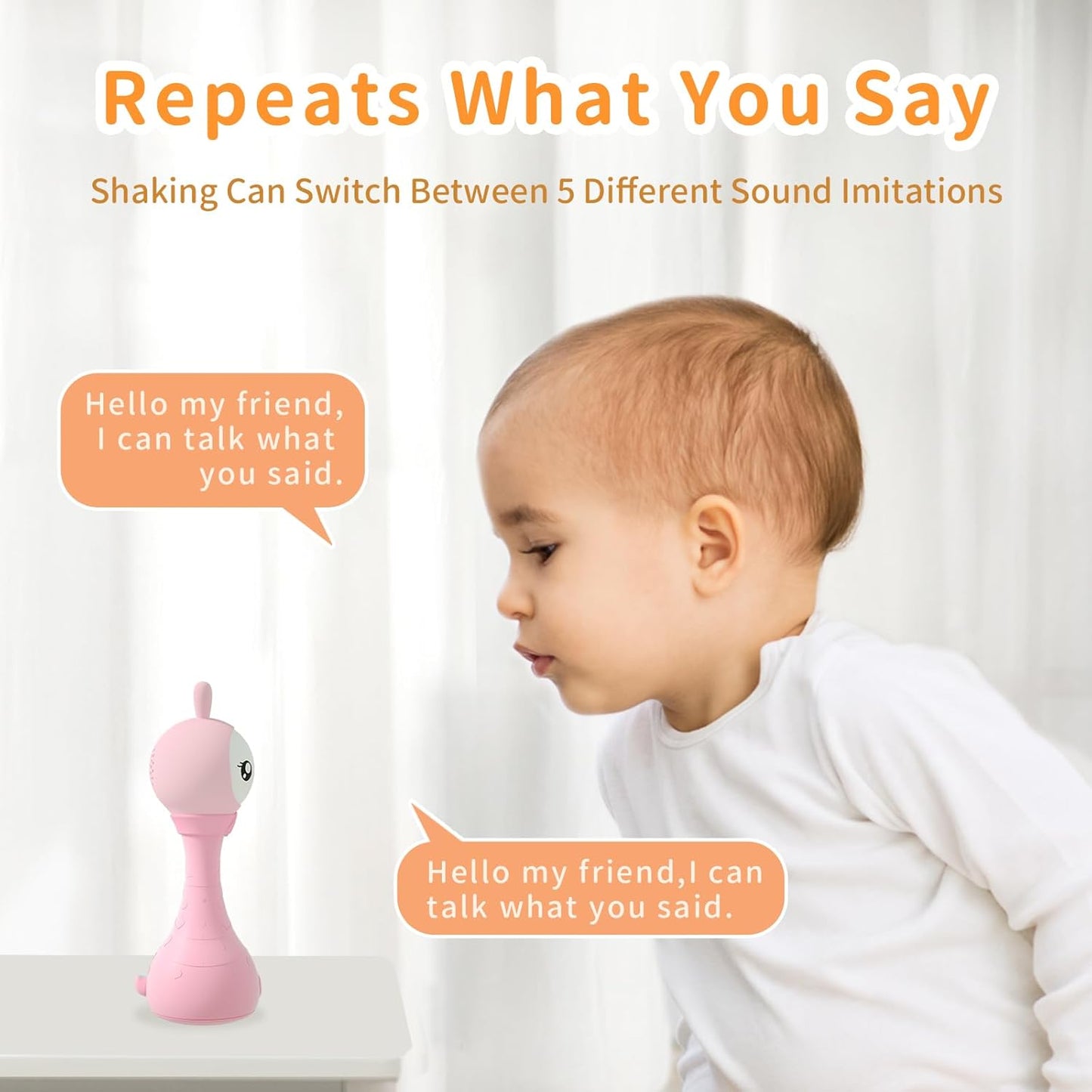 alilo Yoyo Talking Bunny Baby Musical Light-Up Rattle Toys 0-6-12-18 Months, Voice Mimicking Toy, Preloaded 90+ Audio Content, ABC/Number/Notes Learning Toys for Baby Infant Newborn Boy Girl Gifts