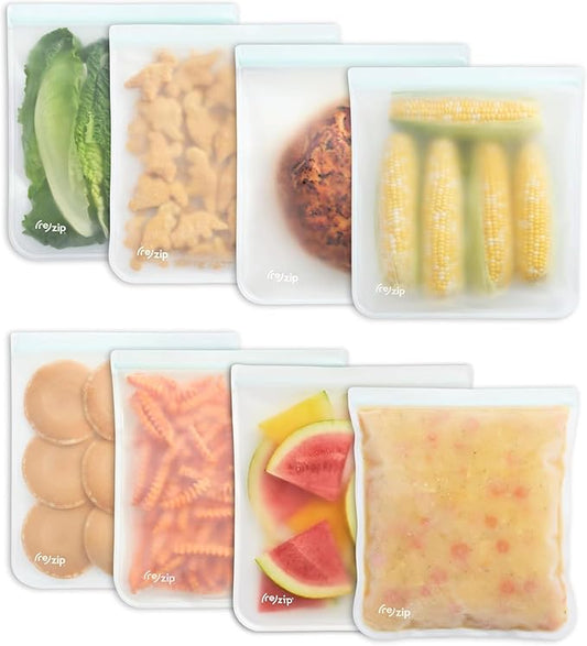 (re) zip Gallon Reusable Bags | BPA-Free, Food Grade, Leakproof, Freezer and Dishwasher Safe | Holds 16 Cups / 128 Fl Oz | 8-Pack (Clear)