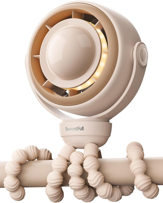 SWEETFULL Baby Stroller Fan - 4000mAh Rechargeable 4-Speed Quiet with LED Display & Night Light, Mini Portable 360° Clip On Safe Fan for Car Seat, Crib, Travel - Brown