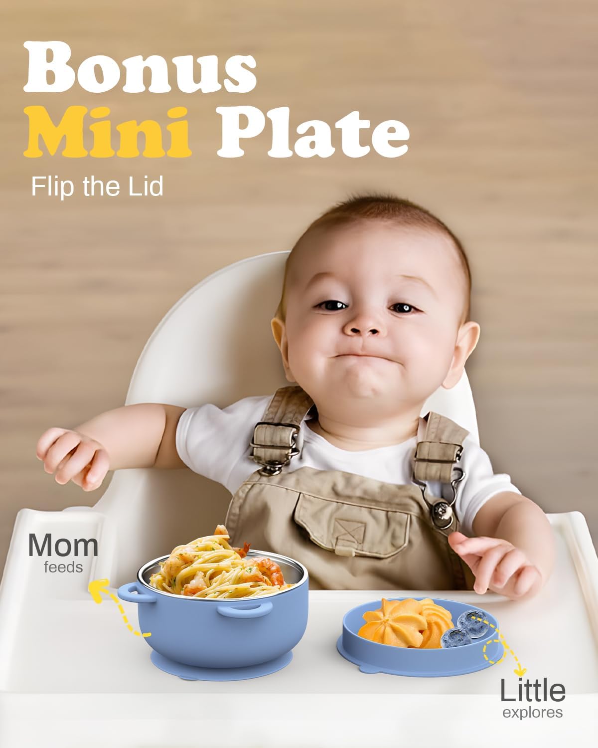 Baby Suction Bowls with Lids 4-Pack, 2-in-1 Stainless Steel 304 Toddler Bowl & Removable Silicone Suction Kids Bowl Plate Set Non Toxic Snack Dishes for Self-Feeding, Organic Bloom