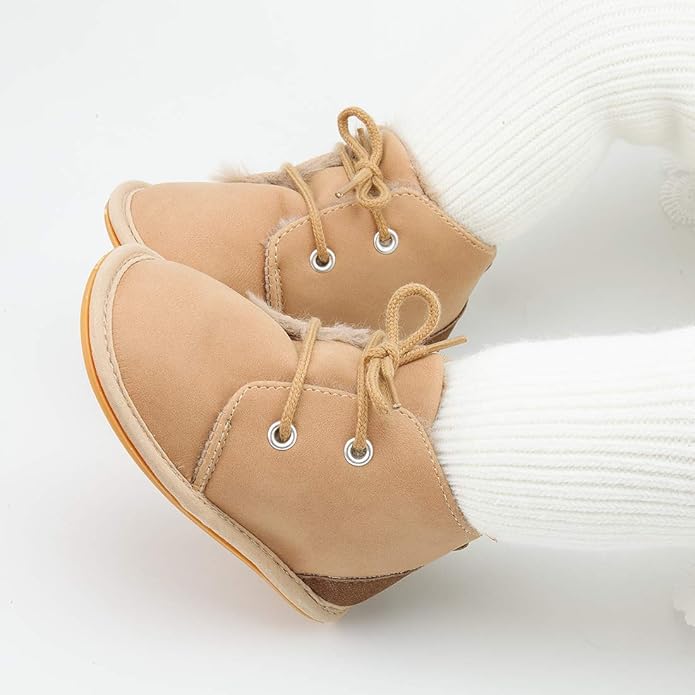 Baby Unisex Warm Snow Boots Newborn Leather Fur Lace Up Ankle Anti-Slip Rubber Texture Sole Toddler Prewalker Winter Crib Shoes