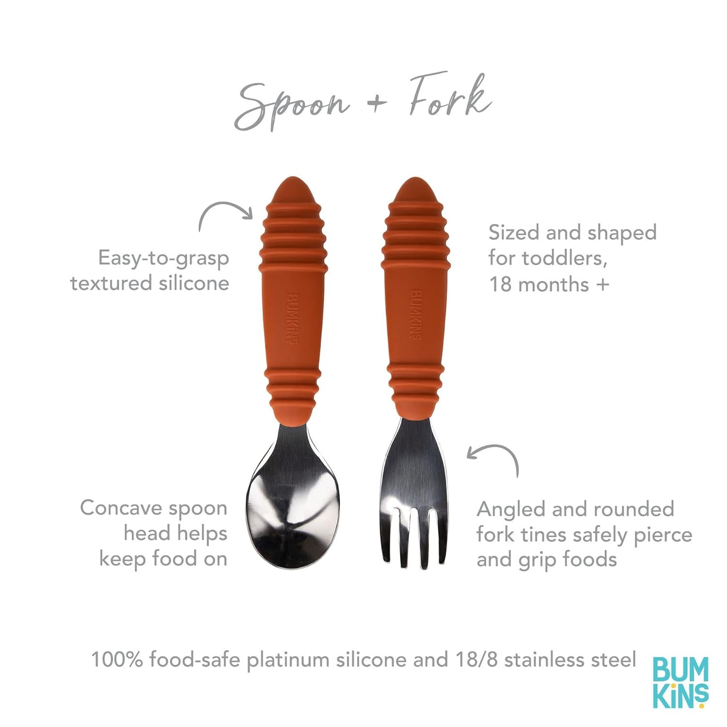 Bumkins Toddler Utensils, Kids Size Fork and Spoon Set, Silicone and Stainless-Steel Training Silverware, Angled Forks/Sporks for Self-Feeding, Children Hold Learning to Eat, 18 Months Up, Clay