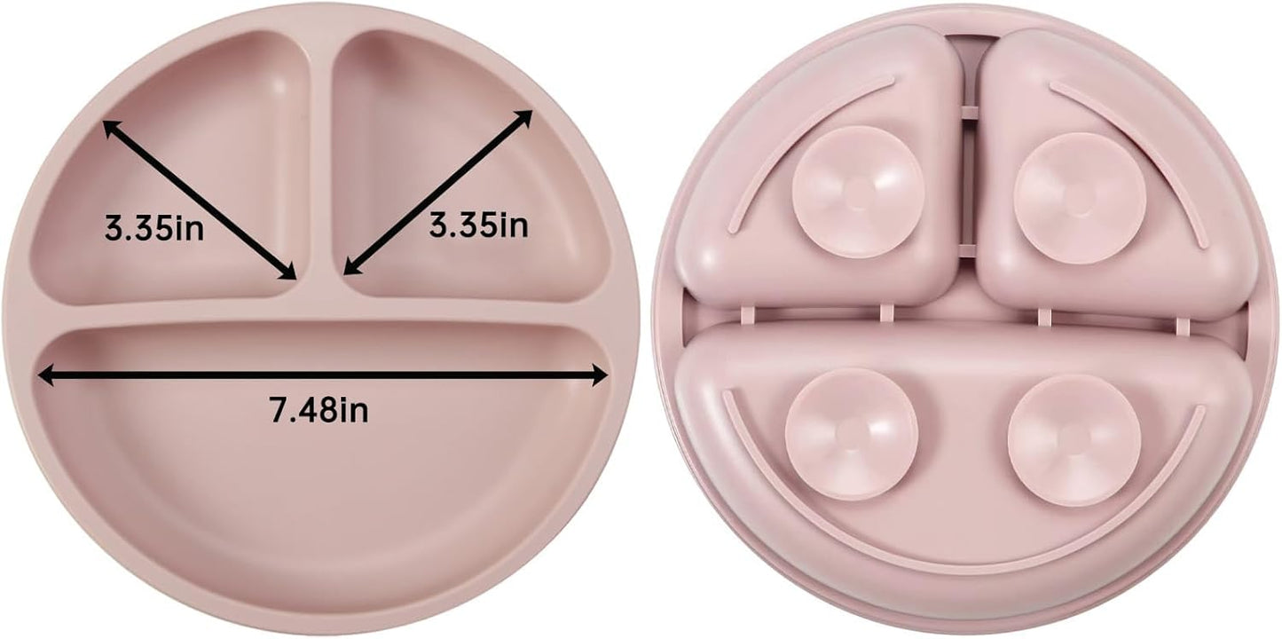 PandaEar Silicone Baby Feeding Set | 9PCS Baby Led Weaning Supplies Self Feeding Utensils | Divided Suction Plate Bowl Bibs Sippy Cup with Baby Snack Container Spoons Forks (Pink)