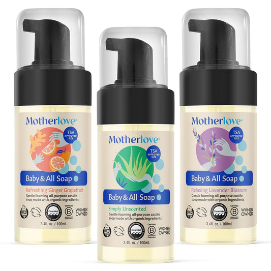Motherlove Baby & All Soap (Variety Pack, 3.4oz) Travel Size Gentle Foaming All-Purpose Castile Soap Made with Organic Ingredients