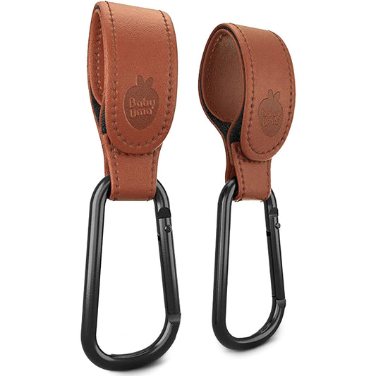 Baby Uma Baby Stroller Hooks - 2-Pack of Leather-Style Stroller Accessories, Non-Slip Stroller Clips, Carry 11 lbs per Stroller Bag Hook, Universal Hooks, 2 x Stroller Carabiner Clip (Camel)
