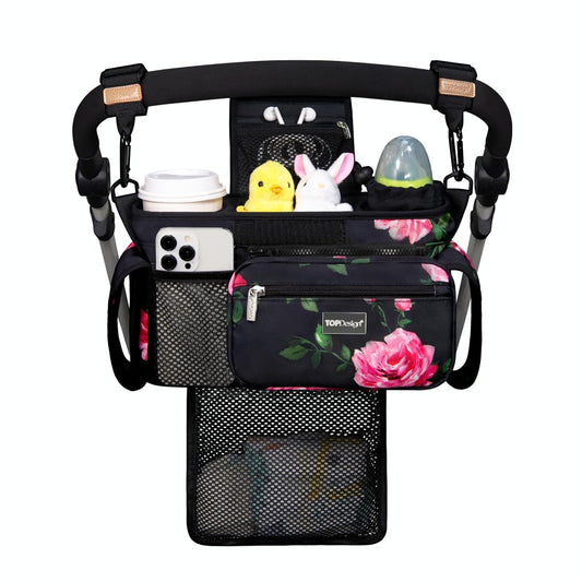 TOPDesign Universal Baby Stroller Organizer, Stroller Caddy with Detachable Mesh Bag & Heightened Insulated Cup Holders & Non-Slip Secure Hooks Accessories, Fits Most Strollers (Peony)