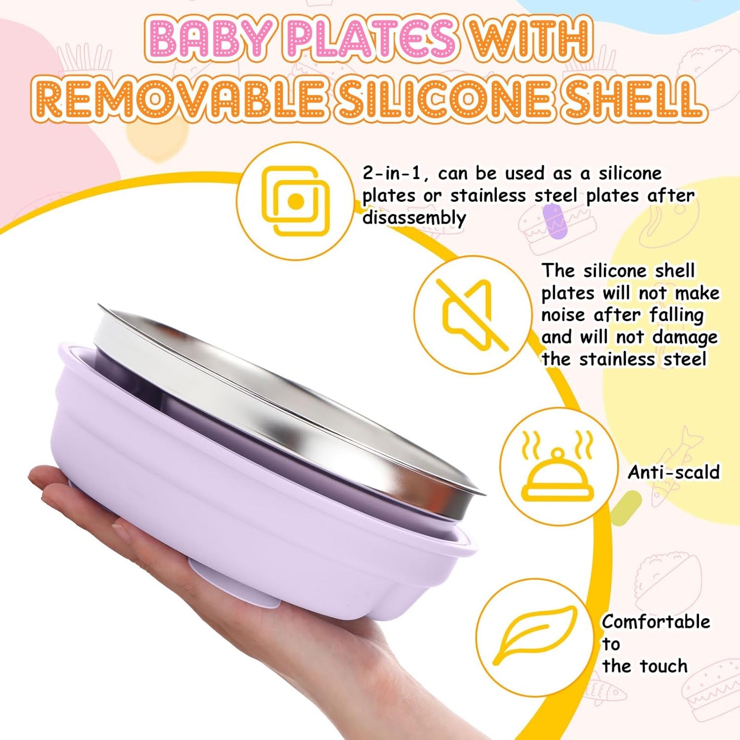 Nuogo 4 Pcs Stainless Steel Baby Suction Plates with Removable Silicone Shell 2-in-1 Metal Toddler Bowl Divided for Picky Eaters Kid Feeding Led Weaning Supply, Dishwasher Safe (Macaron Series)