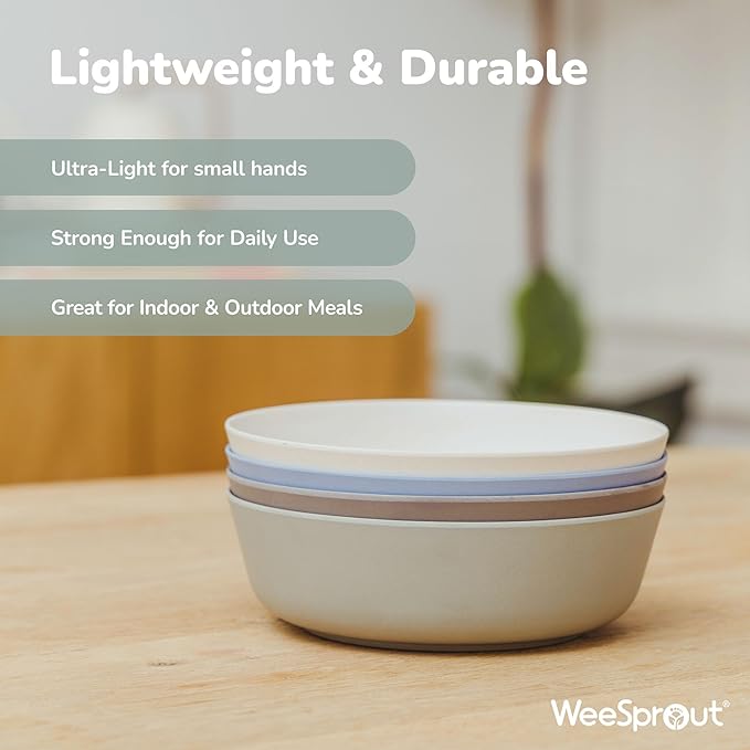 WeeSprout Bamboo Kids Bowls with Lids, Set of Four 15 oz Kid-Sized Dinnerware, Cereal, Leftovers & Snack Bowl, Dishwasher Safe (Pink, Green, Gray, & Beige)