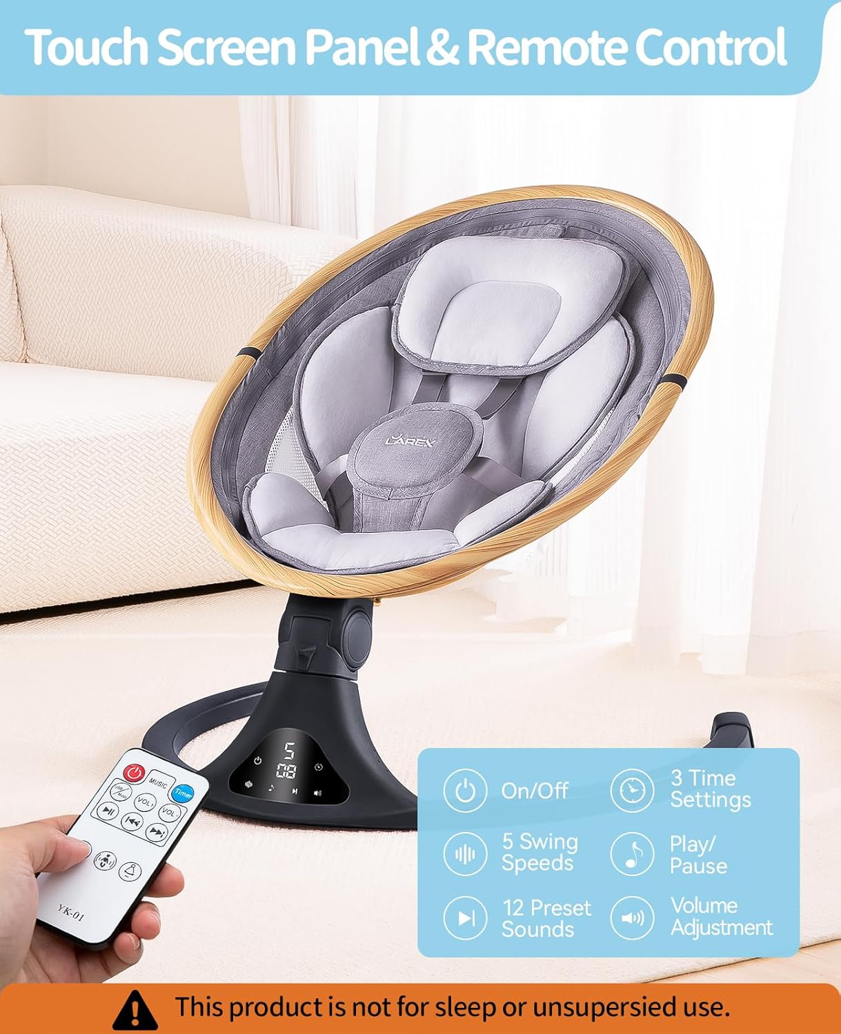 LAREX Baby Swing to Toddler Electric Infant Swing Portable for Newborn Boy Girl, 5 Sway Speeds with Remote Control, 12 Preset Melodies and Bluetooth, 0-6 Months Max 20 Lbs (Light Wood Grain)