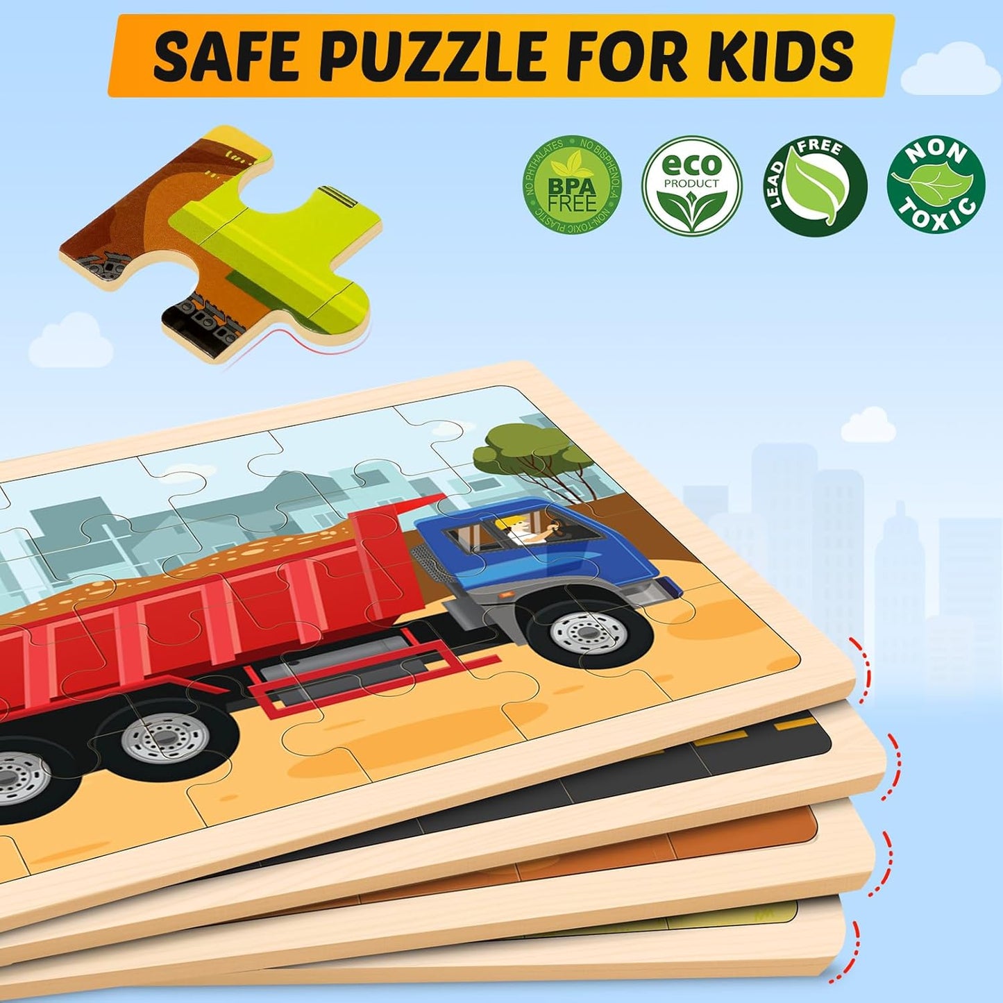 Wooden Puzzles for Kids Ages 4-6, 4 Packs 24 PCS Construction Vehicle Jigsaw Puzzles for Kids Ages 3-5, Preschool Educational Puzzles Boards Toys Gifts for Boys Girls