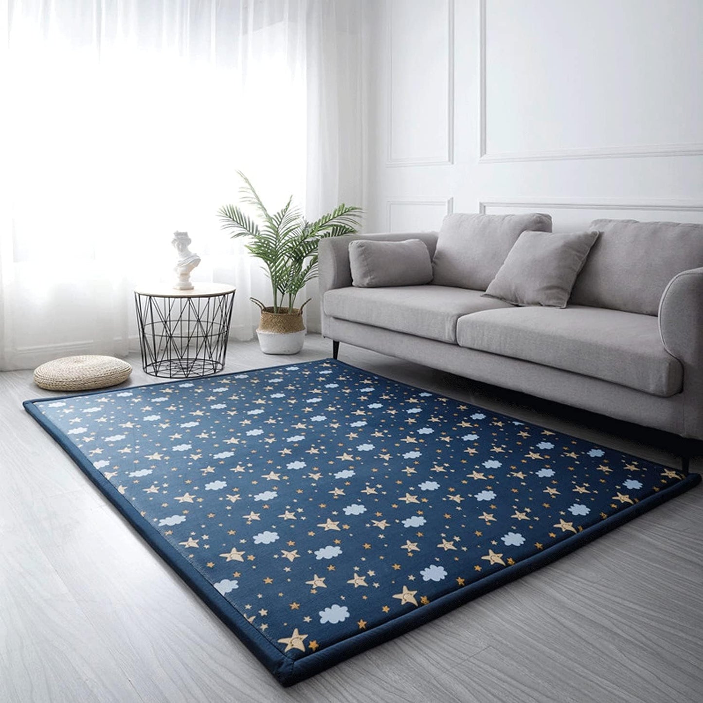 Loartee Coral Velvet Area Rug - 1" Thick Memory Foam Baby Play Mat, Washable Toddler Carpet, Home Decor for Living Room, Nursery, Kids Bedroom, Starry Blue, 4'11"x4'11"