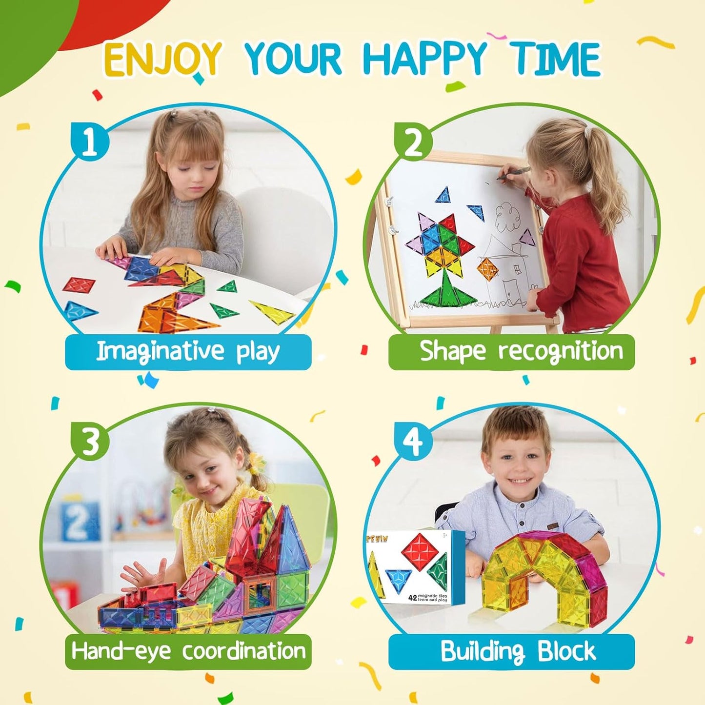 Magnetic Tiles, 42 Pcs Magnet 3D Building Set Toy for Kids Ages 3+, Construction Playboards, Montessori Toys, Puzzle Magnets Toys Christmas Toy Gift for Boys and Girls