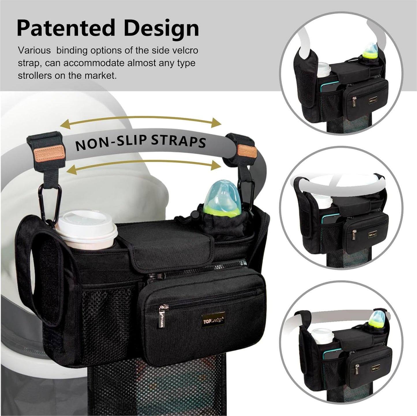 TOPDesign Universal Baby Stroller Organizer, Stroller Caddy with Detachable Mesh Bag & Heightened Insulated Cup Holders & Non-Slip Secure Hooks Accessories, Fits Most Strollers (Cats & Rockets)