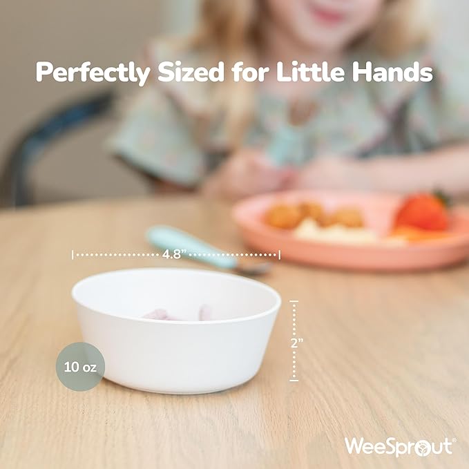 WeeSprout Bamboo Kids Bowls, Set of Four 10 oz Kid-Sized Dinnerware, Cereal, Leftovers & Snack Bowl, Dishwasher Safe (Blue, Yellow, Orange, & Red, 10 Oz)
