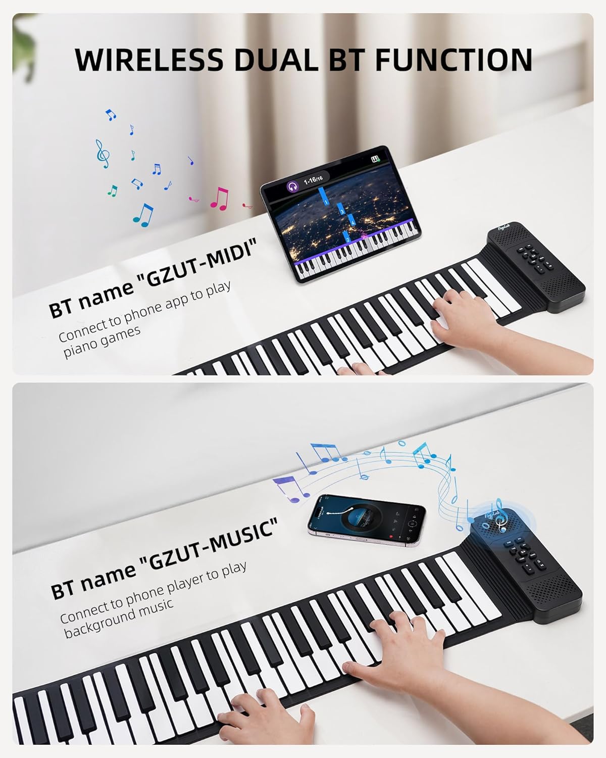 88 Keys Roll Up Keyboard Piano, Portable Electric Foldable Piano with Sustain Pedal, 14 Songs, 128 Tones, 128 Rhythms, Rechargeable & Dual BT Function, Music Gift for Beginners