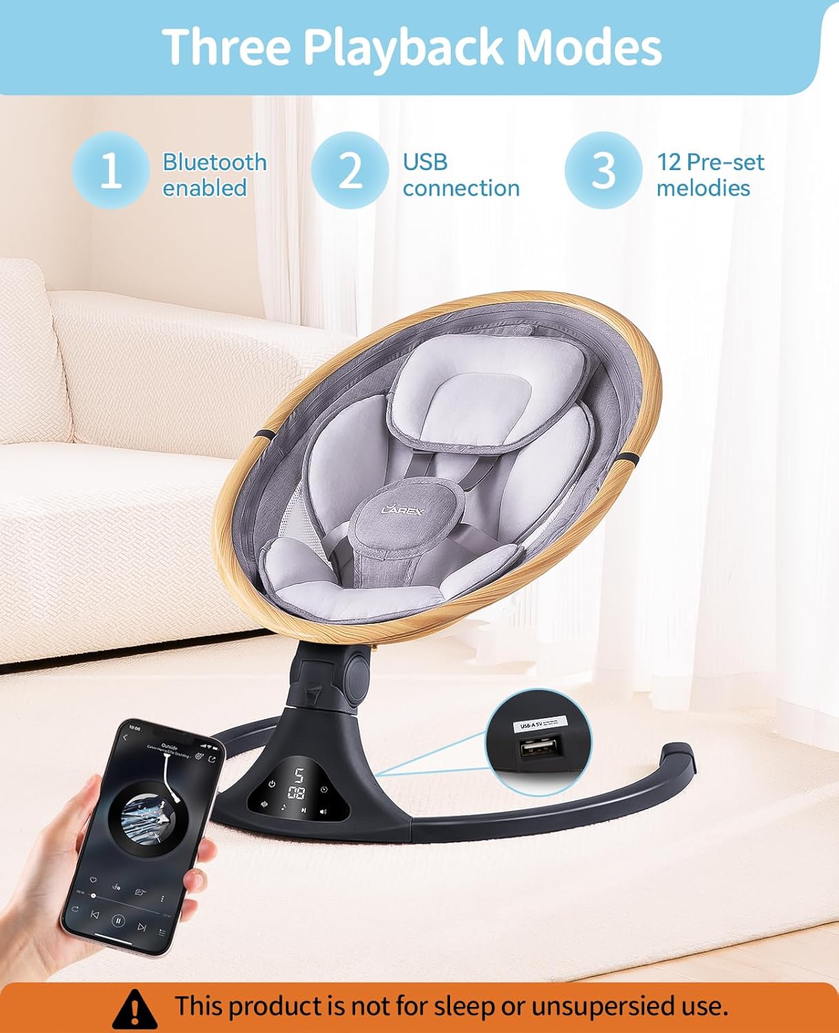 LAREX Baby Swing to Toddler Electric Infant Swing Portable for Newborn Boy Girl, 5 Sway Speeds with Remote Control, 12 Preset Melodies and Bluetooth, 0-6 Months Max 20 Lbs (Light Wood Grain)