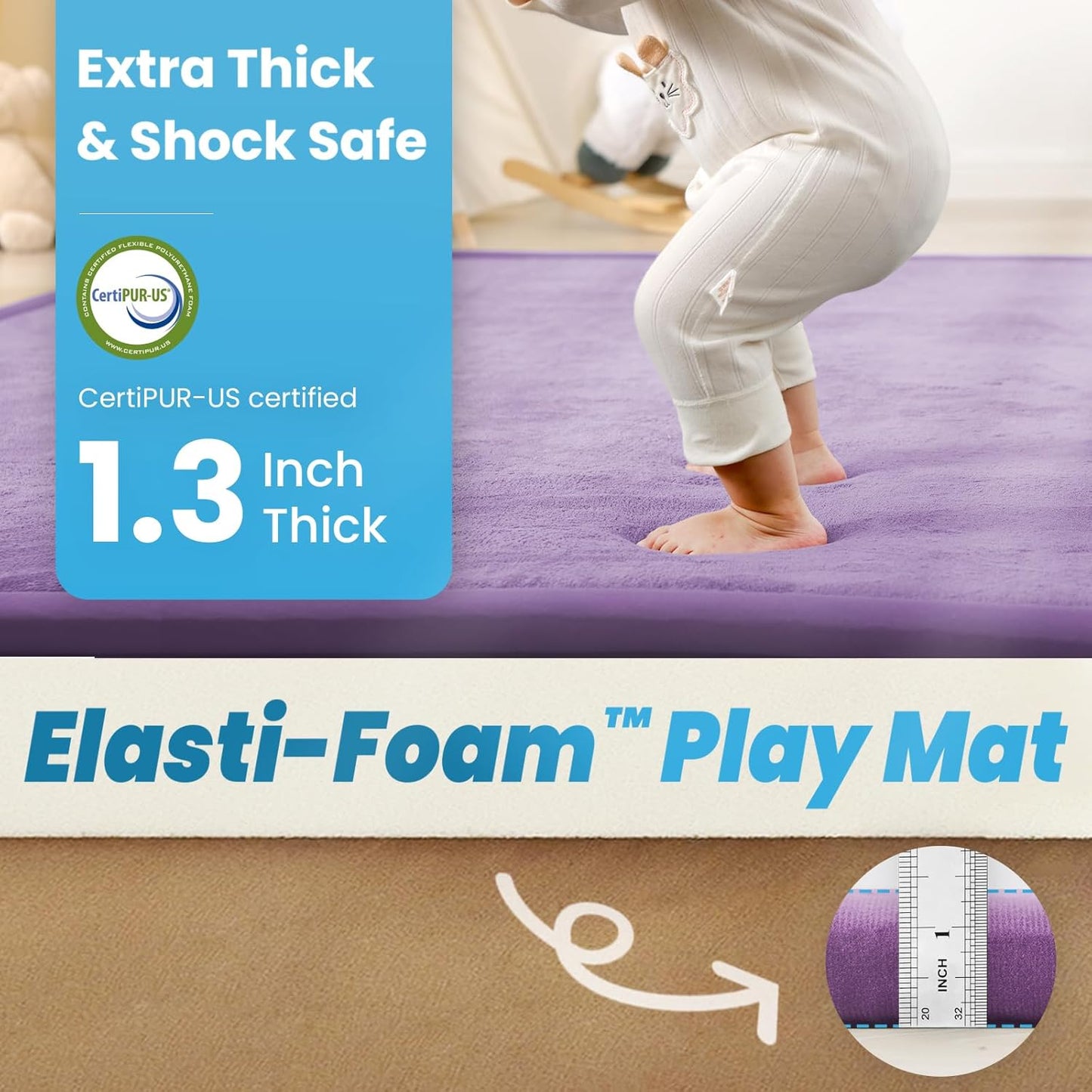 Ultra Soft Baby Play Mat,71"×79" Extra Large Activity Tummy Time Mat for Toddlers,Infants,Kids,1.3" Thick Elasti-Foam Nursery Rug for Floor,Non-Slip Safe for Crawling,Water-Repellent(Lavender)