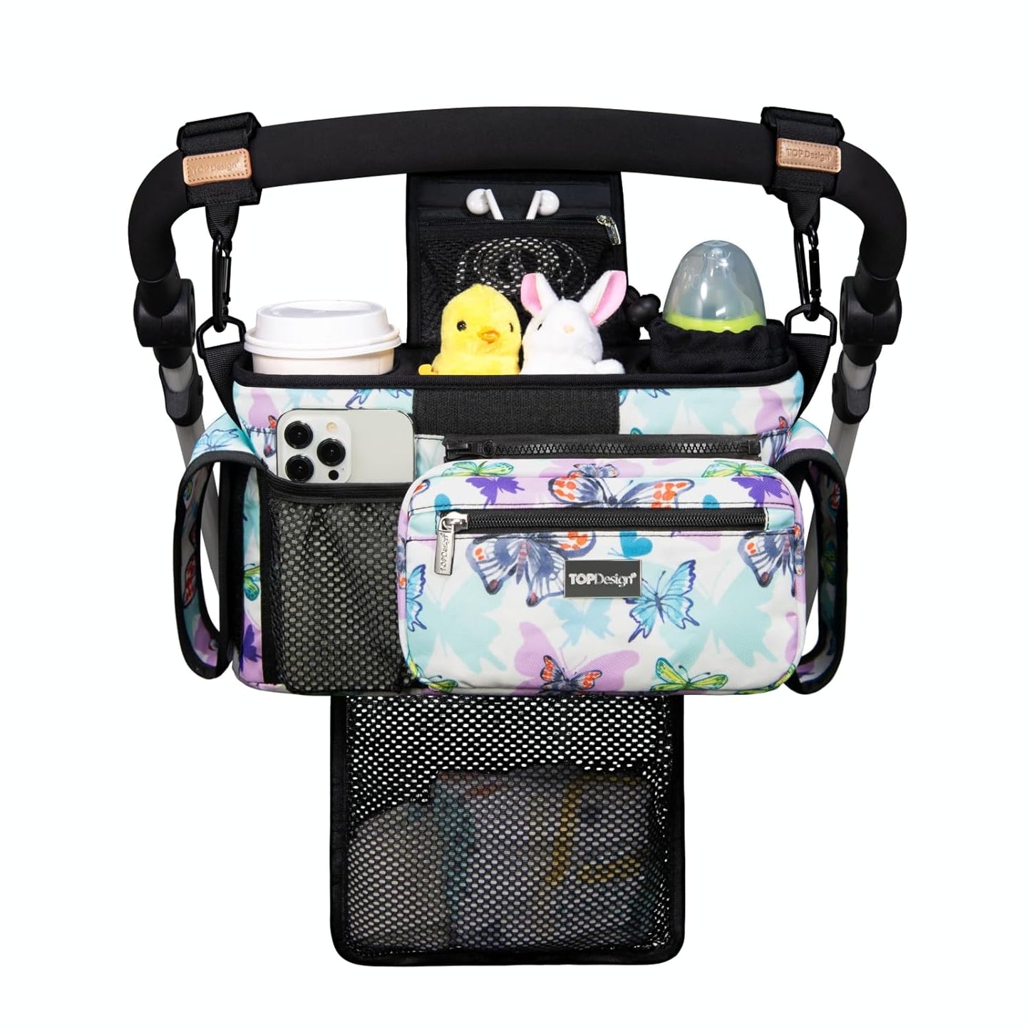 TOPDesign Universal Baby Stroller Organizer, Stroller Caddy with Detachable Mesh Bag & Heightened Insulated Cup Holders & Non-Slip Secure Hooks Accessories, Fits Most Strollers (Butterfly)