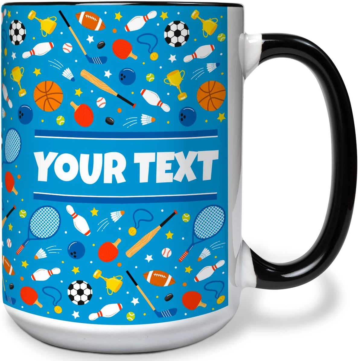 Personalized Mug for Kids - Sports - Custom Name/Text, Ceramic Hot Chocolate/Cocoa/Coffee Cup for Boys/Girls, Birthday/Christmas/Holiday Gift - 15 oz, Black Handle