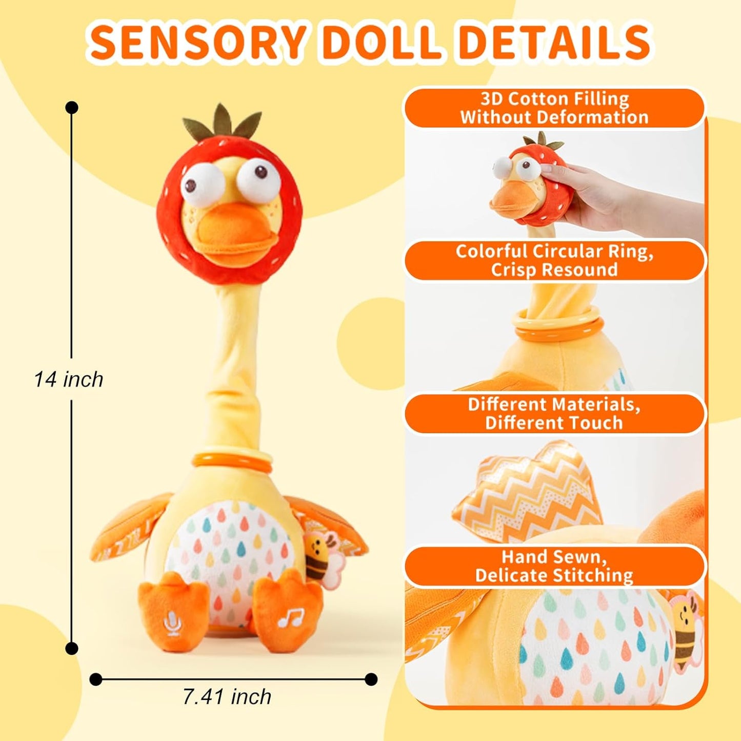 Jollybaby Plush Talking Singing Dancing Musical Strawberry Duck Toy for Toddlers 1-3 Just Like Cactus Toy, Music Mimicking Interactive Toys for Crawling Kids, Sensory Gift for Baby 0-6-12 Month