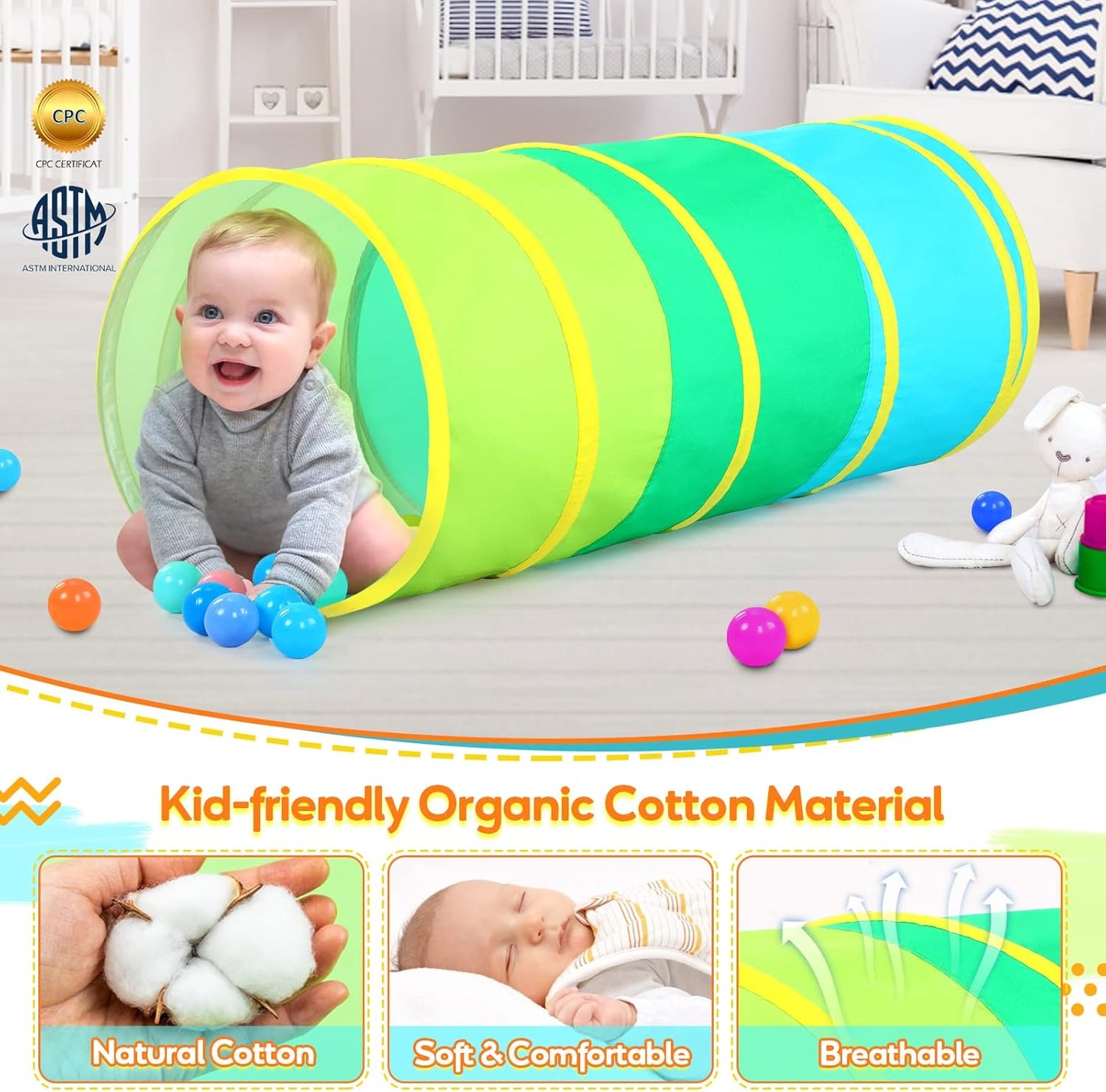 Moncoland Kids Play Tunnel Tent for Toddlers, Colorful Cotton Pop Up Crawl Tunnel Toy for Baby Infant Children or Dog Cat Pet, Collapsible Gift for Boy and Girl and Game (Cotton Baby Tunnel)