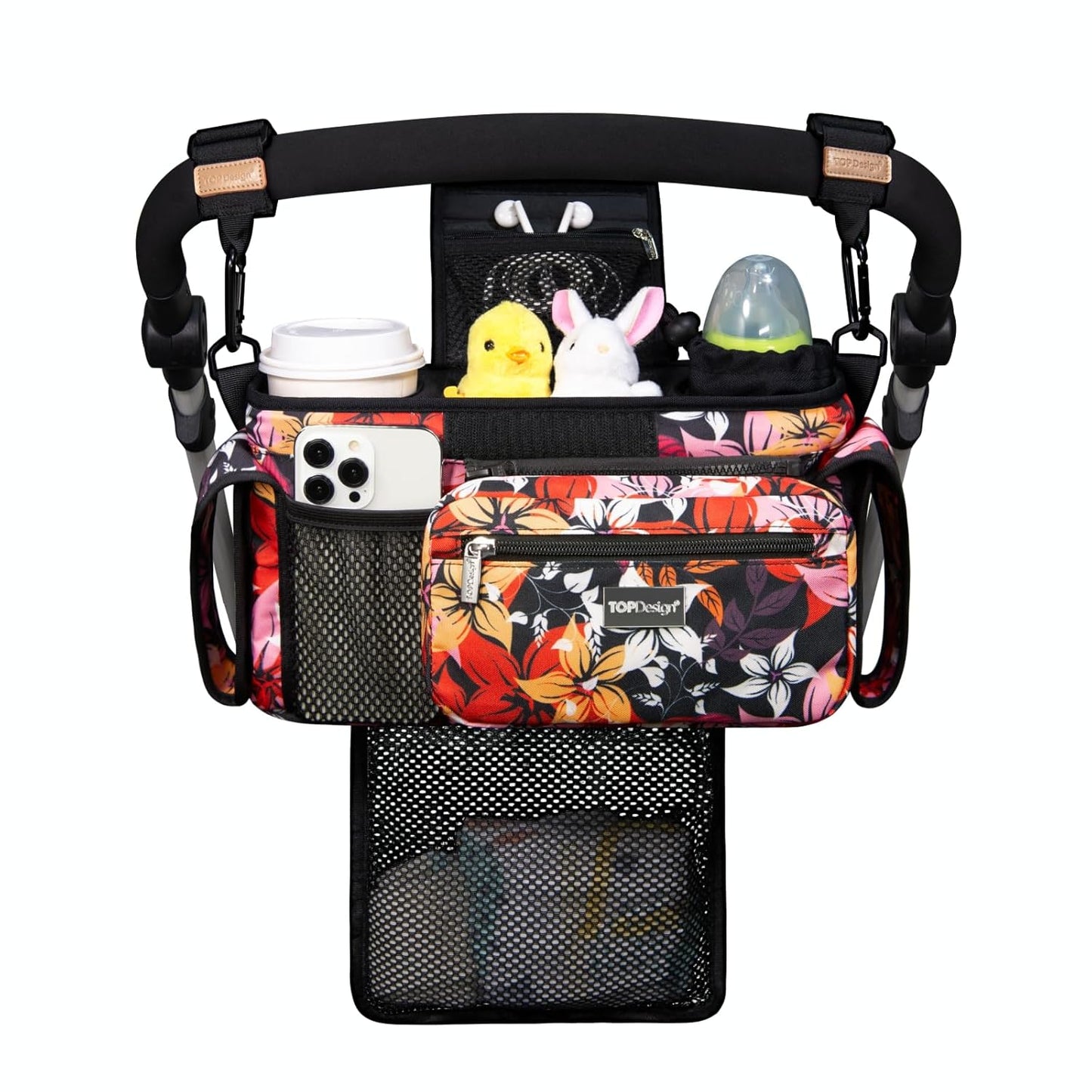 TOPDesign Universal Baby Stroller Organizer, Stroller Caddy with Detachable Mesh Bag & Heightened Insulated Cup Holders & Non-Slip Secure Hooks Accessories, Fits Most Strollers (Five Petal Flower)
