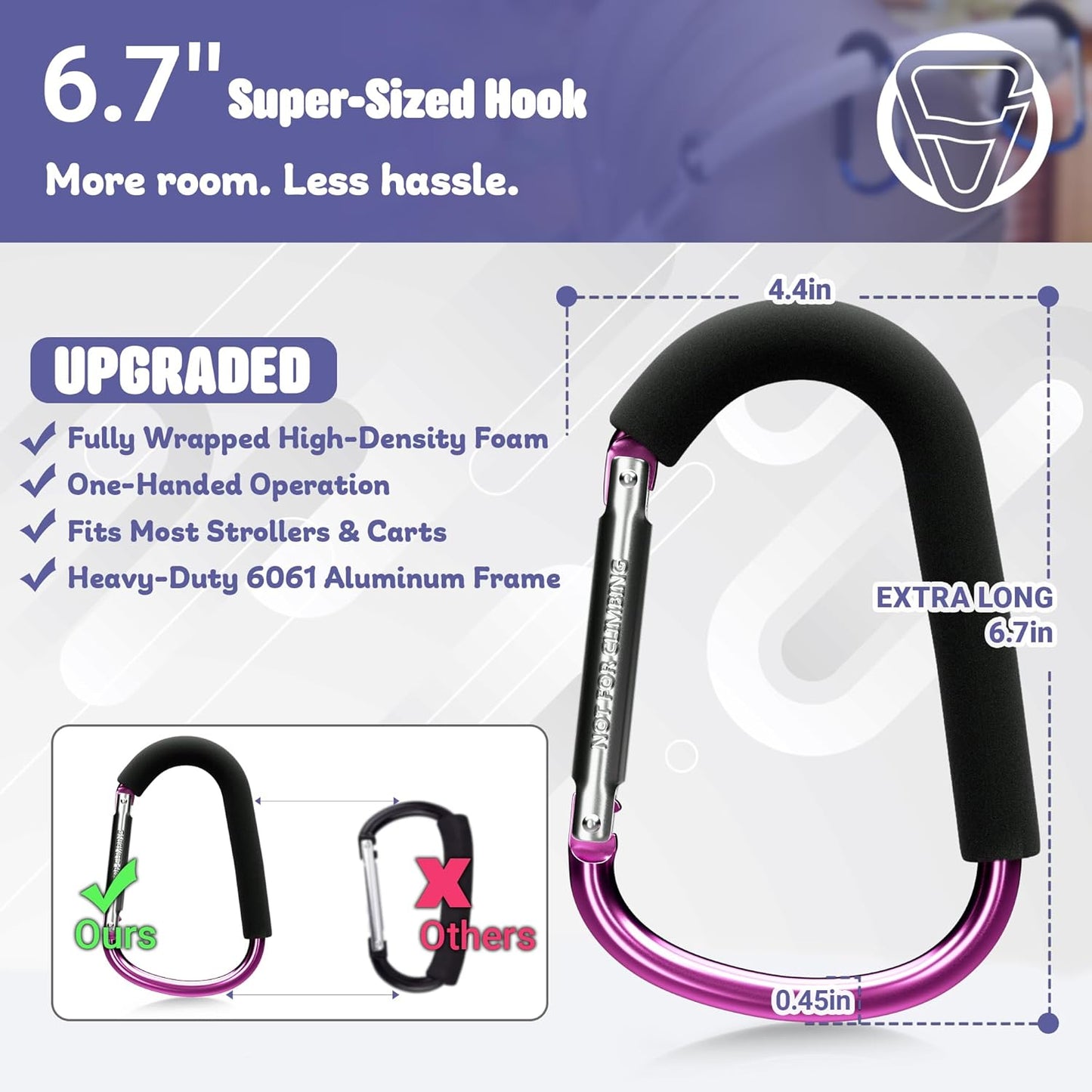 sprookber 6.7 Inch Large Stroller Hooks for Diaper Bags & Purses, Heavy Duty Mommy Hooks for Shopping, Grocery, Backpack – Baby Stroller Accessories, Set of 2 (Pink)