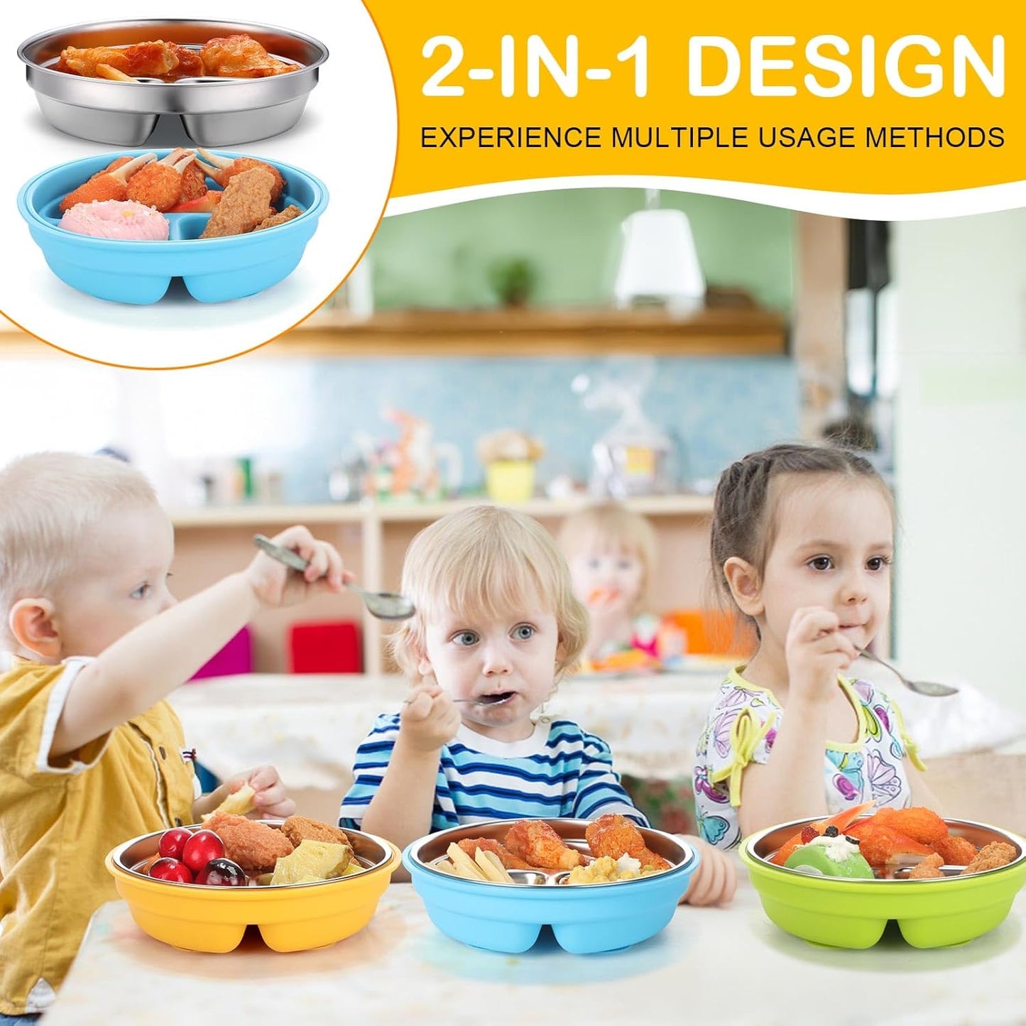 Nuogo 3 Pcs Stainless Steel Baby Suction Plates with Removable Silicone Shell 2-in-1 Metal Toddler Bowl Divided for Picky Eaters Kid Feeding Led Weaning Supply, Dishwasher Safe (Yellow,Blue,Green)