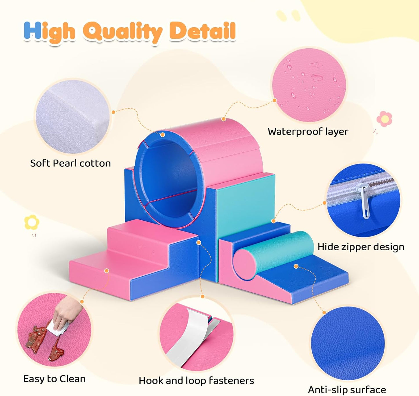 Lischwert Foam Climbing Blocks for Toddlers 1-3, 5pcs Soft Play Set with Tunnel Crawling Exploration Toys, Indoor Infant Safe Blocks for Baby Gym & Toddler Playground - Blue Pink