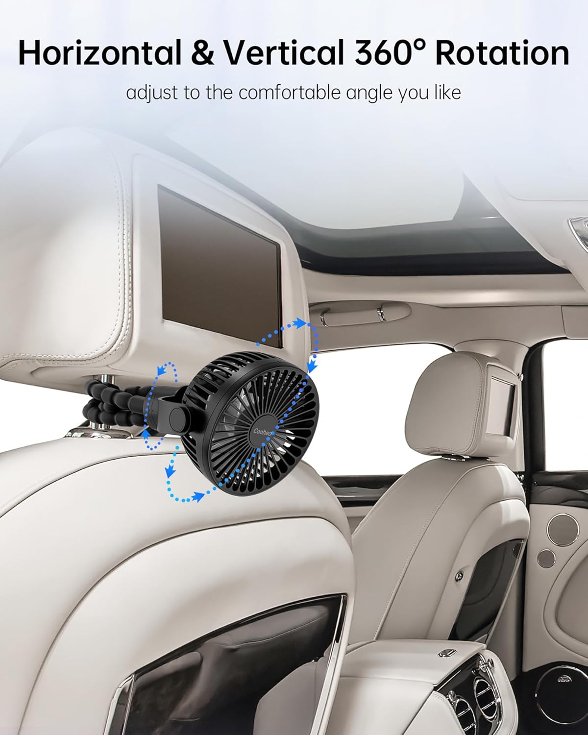 Stroller Fan Rechargeable Battery Powered Portable Fans, Head Detachable 360° Rotatable Clip on Fan, 3 Speed Quiet Small Mini Fans with Light Night for Carseat, Bed, Crib, Bike, Travel, Black