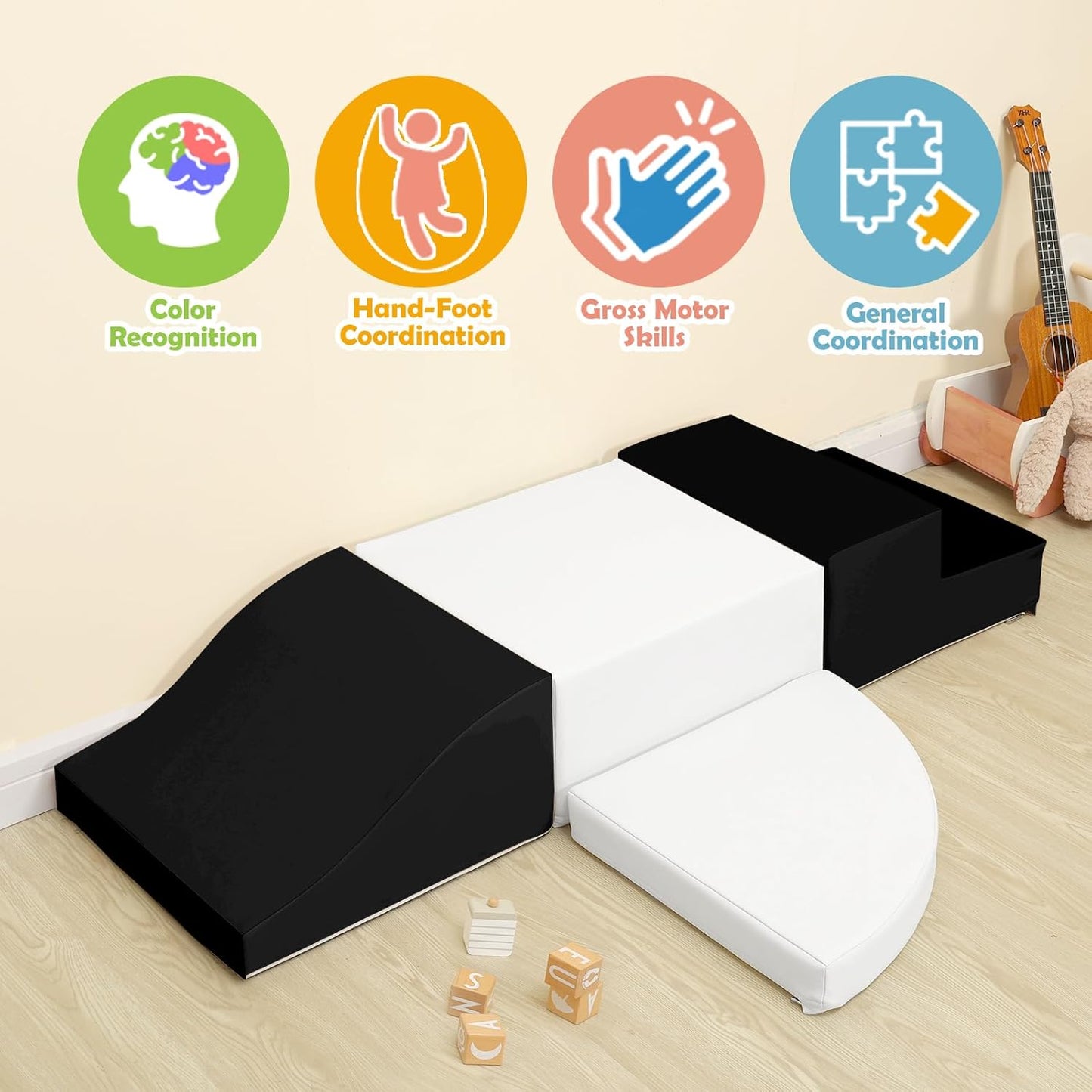 4-Piece Soft PU Leather Toddlers Climbing Toys, Baby Foam Climbing Blocks for Toddlers 3, Indoor Climb and Crawl Activity Play Set, Foam Play Gym Climbing Structures (Black and White)