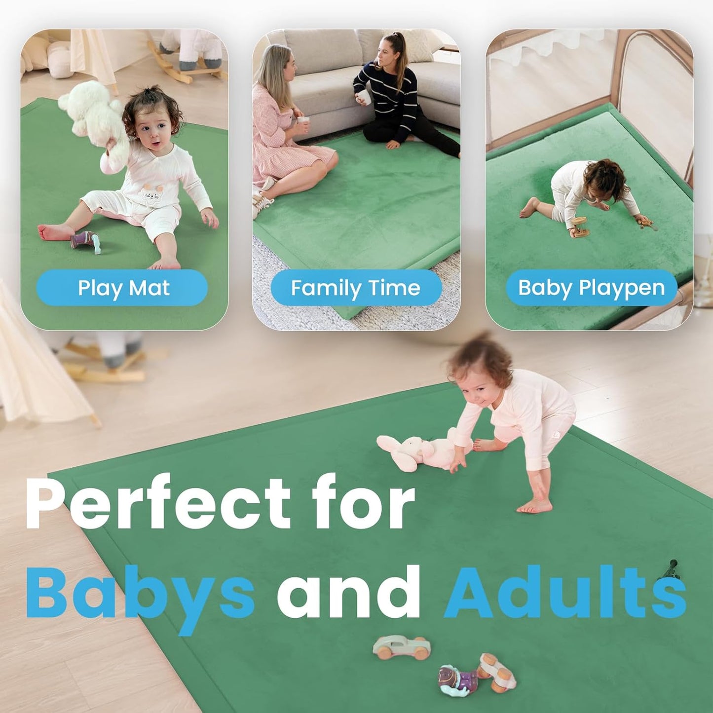 Ultra Soft Baby Play Mat,79"×79" Extra Large Activity Tummy Time Mat for Toddlers,Infants,Kids,1.3" Thick Elasti-Foam Nursery Rug for Floor,Non-Slip Safe for Crawling,Water-Repellent(Emerald)