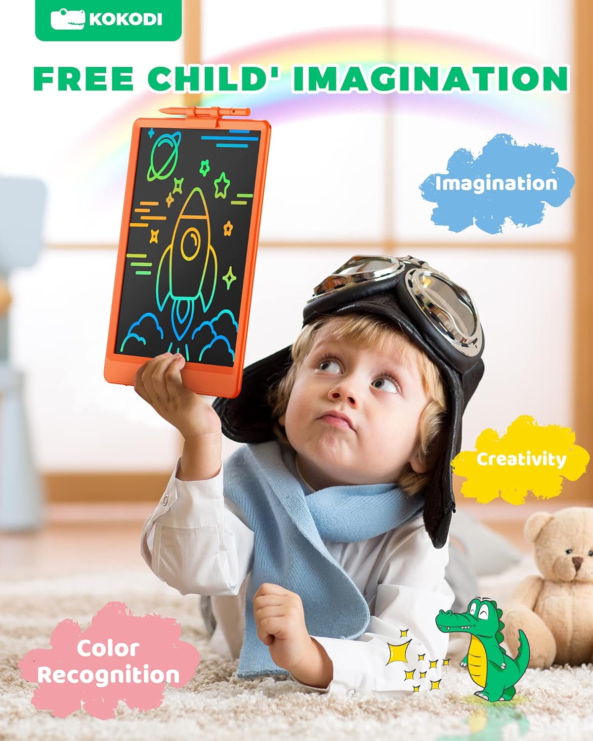 KOKODI LCD Writing Tablet, 10 Inch Colorful Toddler Doodle Board Drawing Tablet, Erasable Reusable Electronic Drawing Pads, Educational and Learning Toy for 3-6 Years Old Boy and Girls