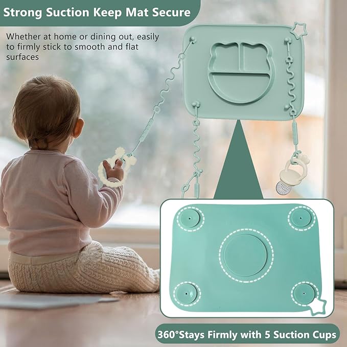1 Pack Silicone Mat for Babies, Baby Placemat Built-in Suction Base and Equipped 4 Toy Straps & Anti-Peel Design, Activity Mat for Infants to Toddlers, Keeps Babies Essentials Off The Floor, Blue