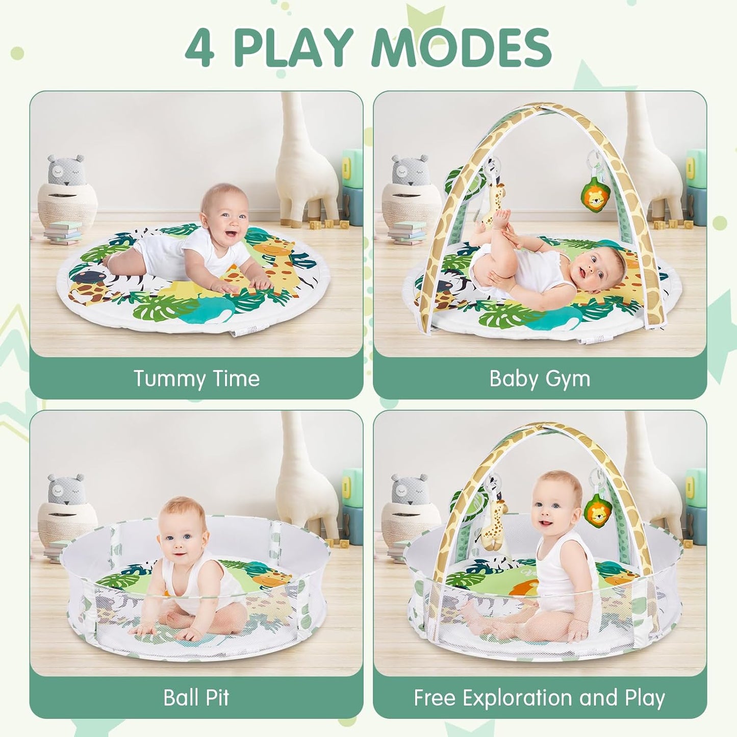 Activity Gym, Baby Play Gym Mat for Toddlers, 0-18 Months Tummy Time Play Mats, Infant Play Gym with Detachable Toys for Sensory Exploration and Motor Skill Development, PM2408